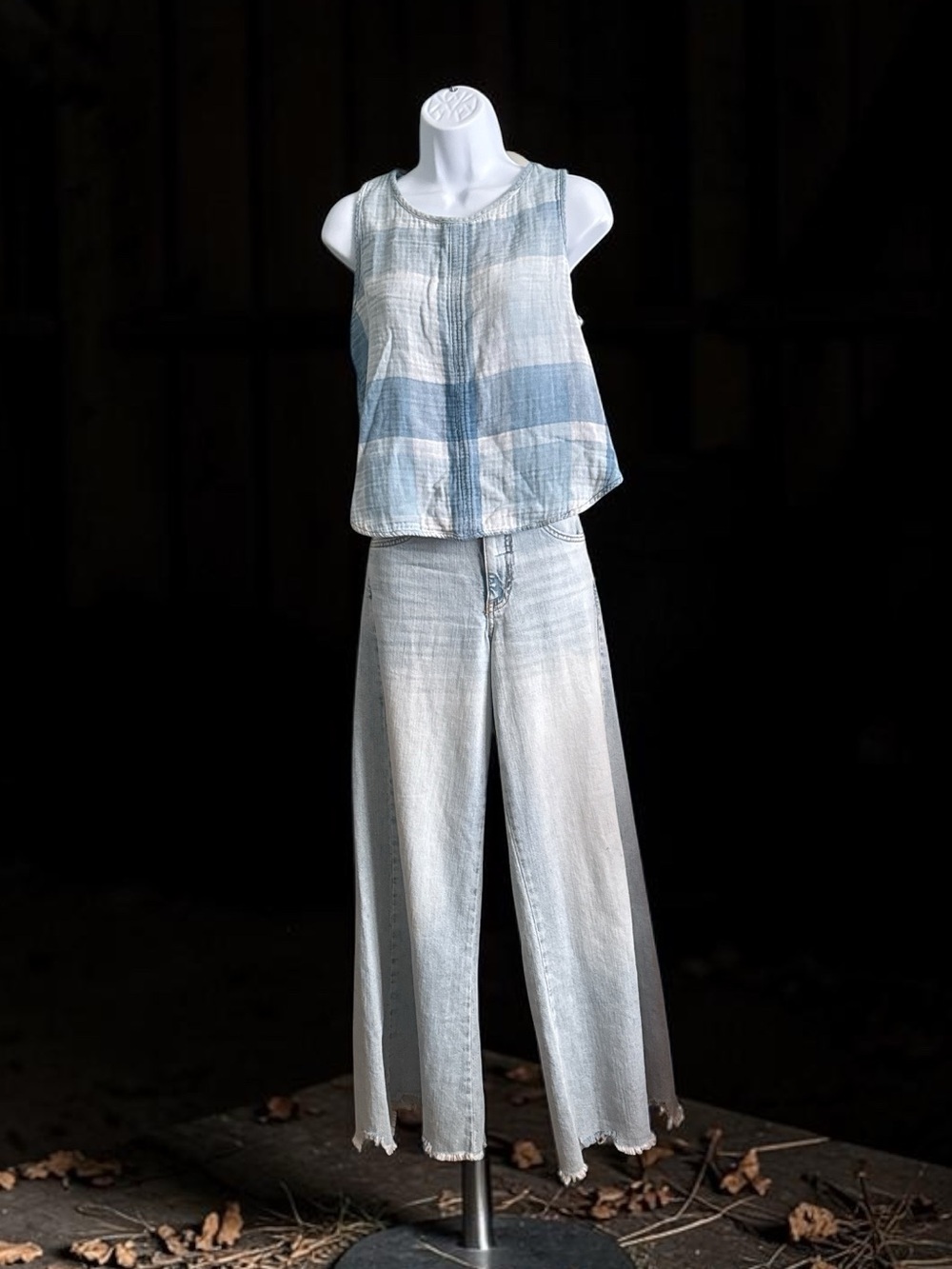 Light Blue & White Striped Sleeveless Linen-Blend Top